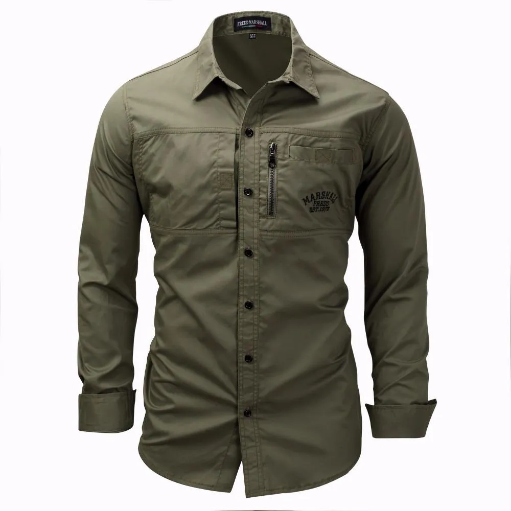 Mänskjorta Militär Mens Långärmad Slim Fit Camisa Masculina Khaki Army Green Shirt Högkvalitativ skjorta Män Underbar