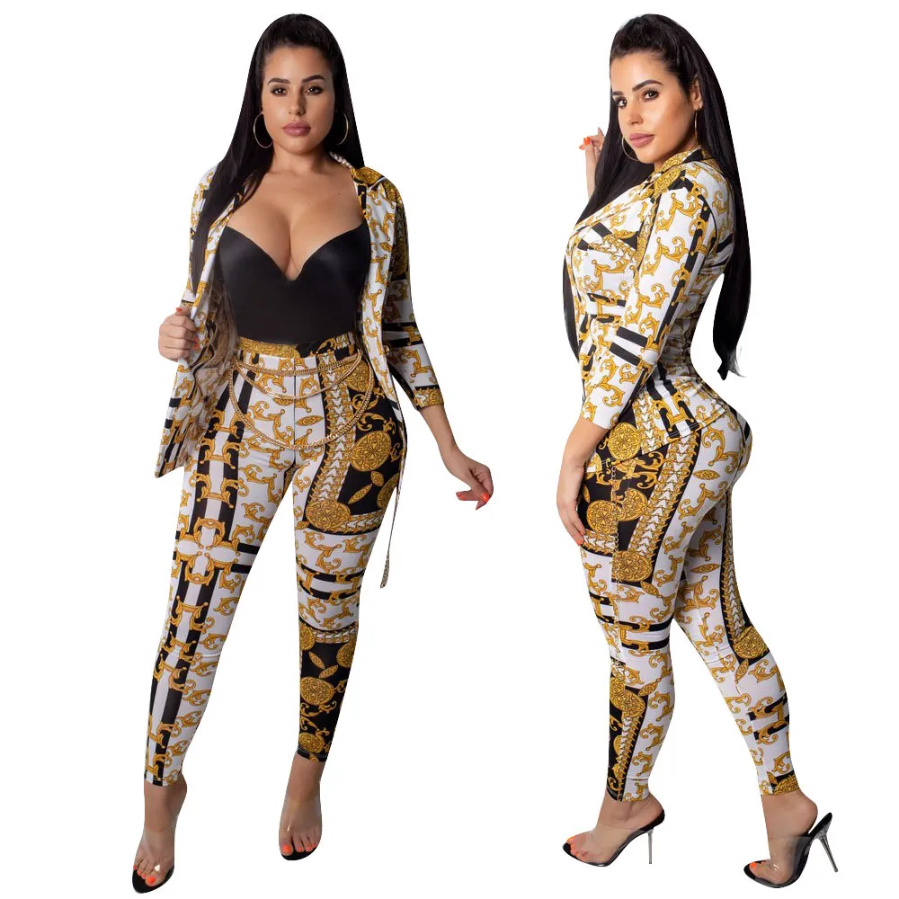 Women's Tracksuits Fashion Gold Print Women Two Piece Set Turn Down Collar 3/4 Sleeve Single Button Cardigan Coat Pencil Pants Business Suit Outfit