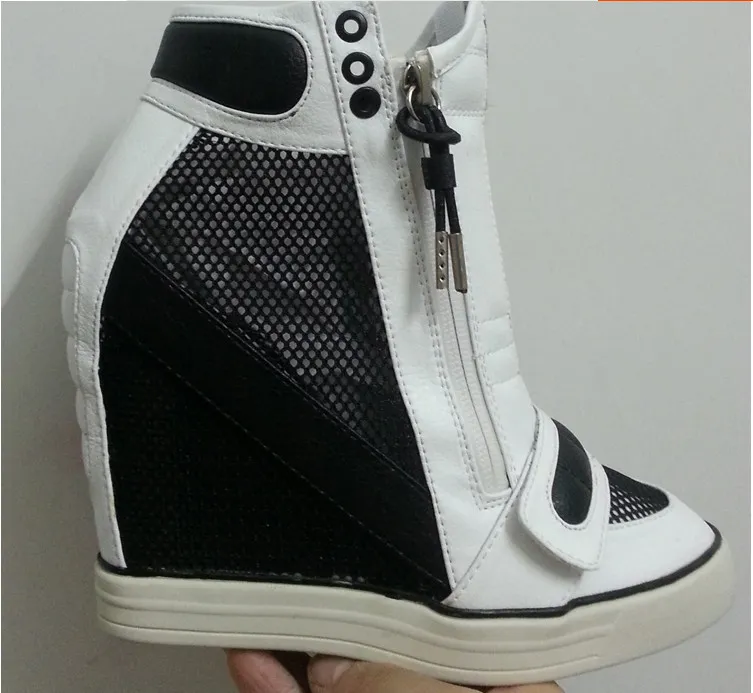 Hot-Sale-Mesh hauteur augmentant Chaussures Femme Black-White Plateforme High Heel Cendages Sneakers Zip Up Leather Women's Casual