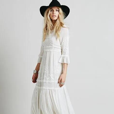 Hippie boho sommarklänningar strand blommig broderi sexig vit maxi klänning långa kvinnor klänning hippie chic vestido robes ah210