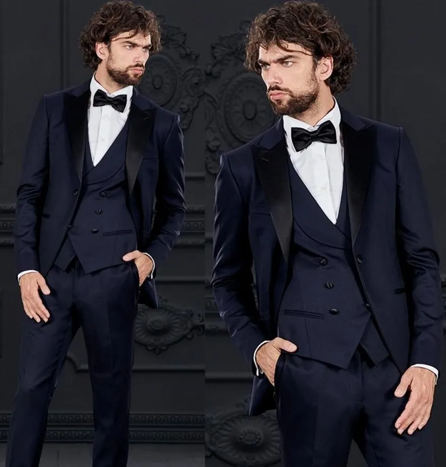 Slim Fit Azul Marino Novio Esmoquin Pico Solapa Padrino De Boda