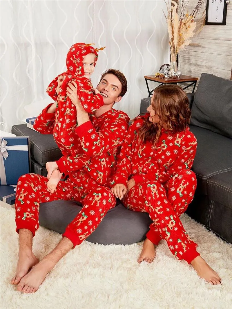 Family Christmas Matching Pajamas Mom Dad And Kids Sleepwear Family Matching Jumpsuits Christmas Deers Snowflake Printed Family Look Outfits