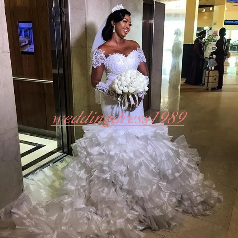Exquisite Organza Tiered Ruffle Mermaid Wedding Dresses Lace Long Sleeve Sheer African Bridal Gown Train Plus Size South African Bride Dress