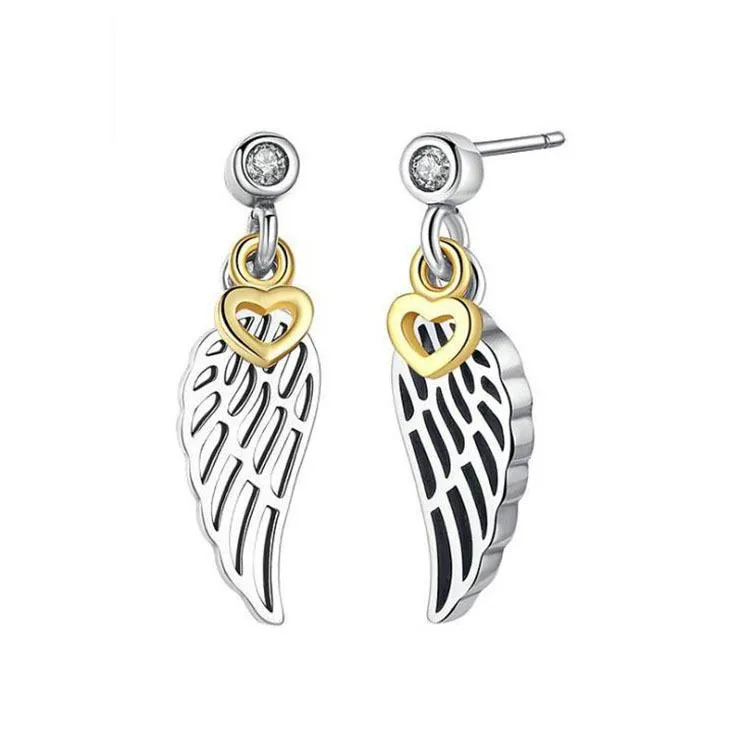 Ny autentiska 925 Sterling Silver Wings Pendant Örhängen Ställ in originallåda för Pandora CZ Diamond Feather Stud Earring för kvinnor