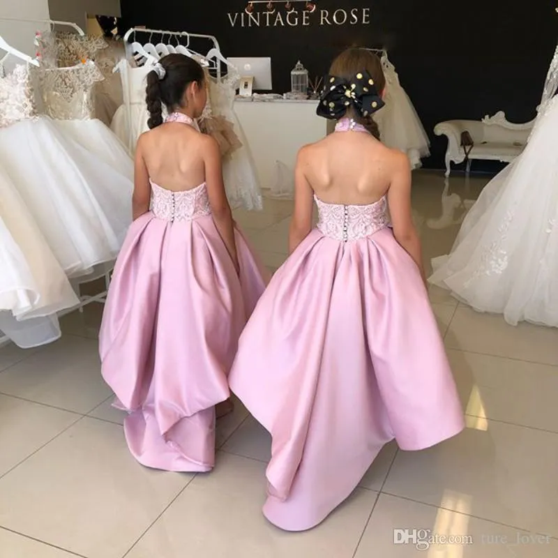 Halterroze Satijn Hoge Lage Bloem Meisjes Jurken Kant Short Front Back Long Girls Pageant Party For Little Baby Girls First Communion Jurken