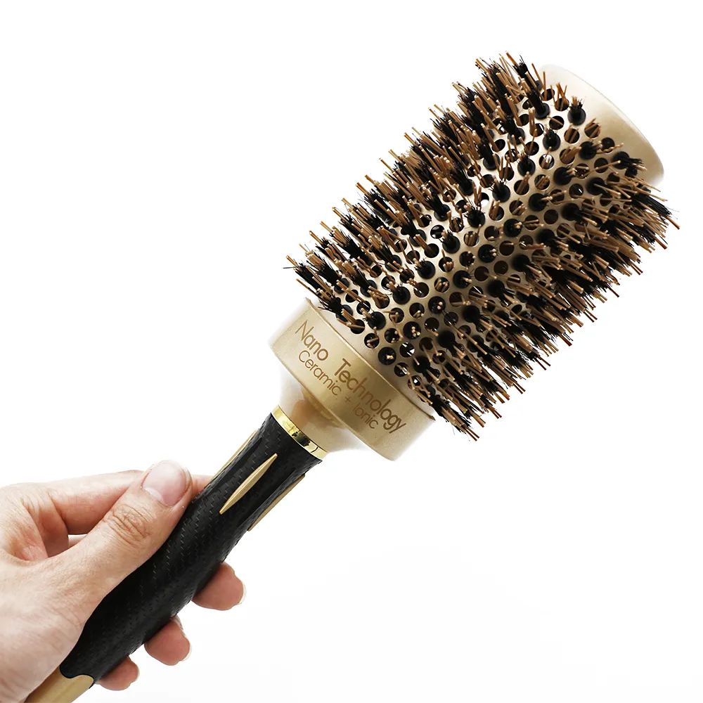 32mm Ceramic Round Barrel Hair Brush Iron Radial Comb Aluminum Gold Boar Bristle Hairdressing