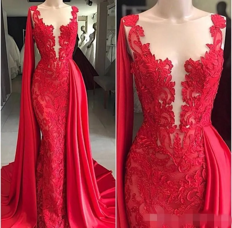 Röd sjöjungfrun 2020 Aftonklänningar Lace Applique Pärled Sheer Plunging V Neck Sleeveless Sweep Train Prom Party Gown Formal OCN Wear