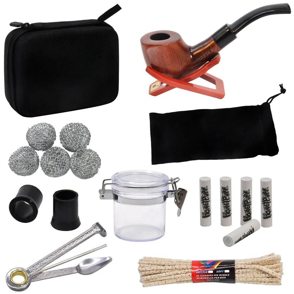 Toppuff Tabakzak Set Wood Tabak Pijp + Metaal Smoking Pijpen Reinigingsgereedschap + Carbon Pipe Filters + Glas Opslag Jar