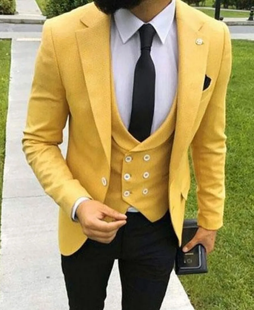 Yellow Groom Tuxedos Notch Lapel Groomsman Wedding 3 Piece Suit Moda Mężczyźni Business Party Jacket Blazer (Kurtka + spodnie + krawat + kamizelka) 2552