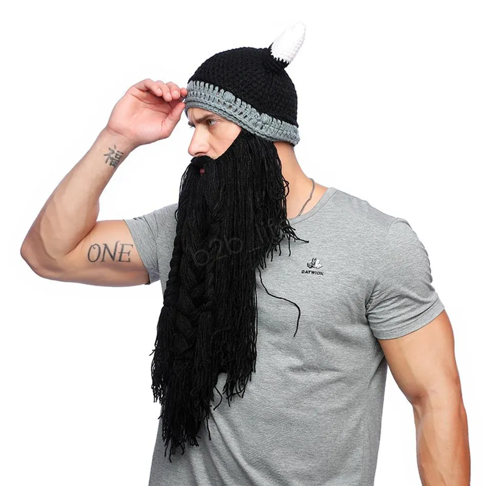 Men Winter Mustache Braid Beanie Halloween Funny cosplay Hat Barbarian Vagabond Viking Beard Hat Horn Warm Wool Knitting Mask LJJA2814