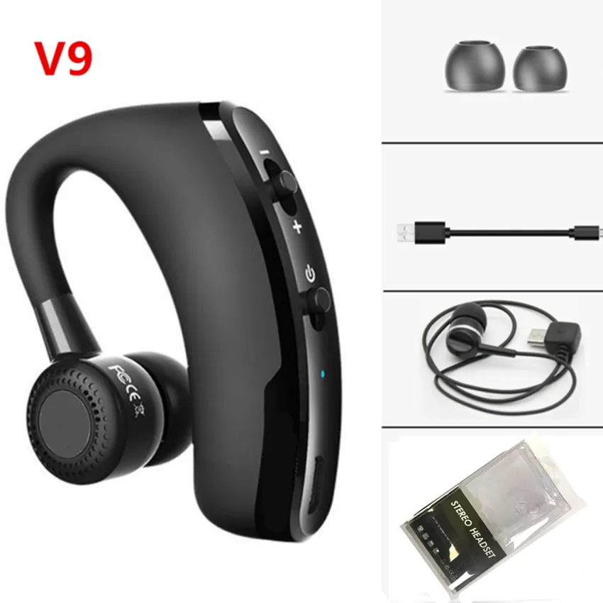 Single Wireless Bluetooth Handsfree Earphone V8 V9 Business Sports Headset Headphone Noise Cancelling Headset for Driver Sport Music Calling