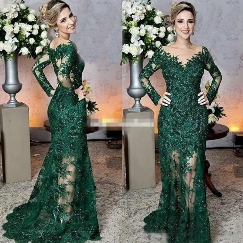 Luxury Dark Green Lace Mermaid Mother of the Bride Dress Sheer Bateau Neck Illusion Long Sleeves Formal Dresses Evening Party Gowns