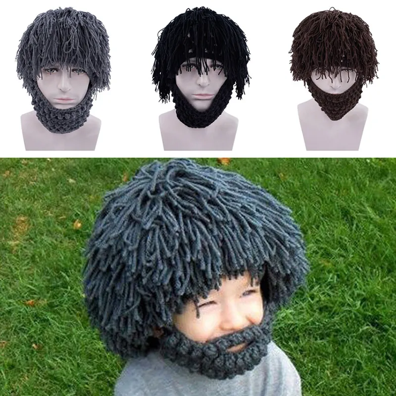 Hand Knitting Funny Party Beanies Wig Beard Hat Unisex Winter Knit Warm Hat Halloween Gifts Masks Beard Cap For Children Adult