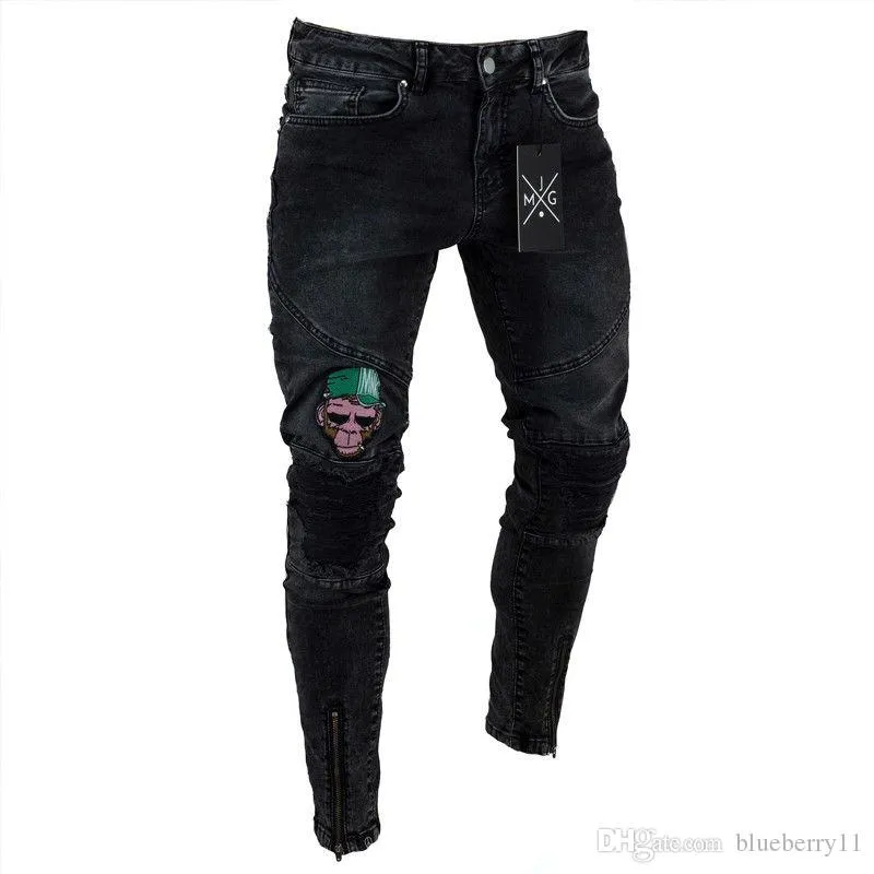 Jeans Masculinos Mens Magro Black Blue Rip Stretch Fit Stretch Casual Denim Street Wear Bicer Hip Hop S-4xl