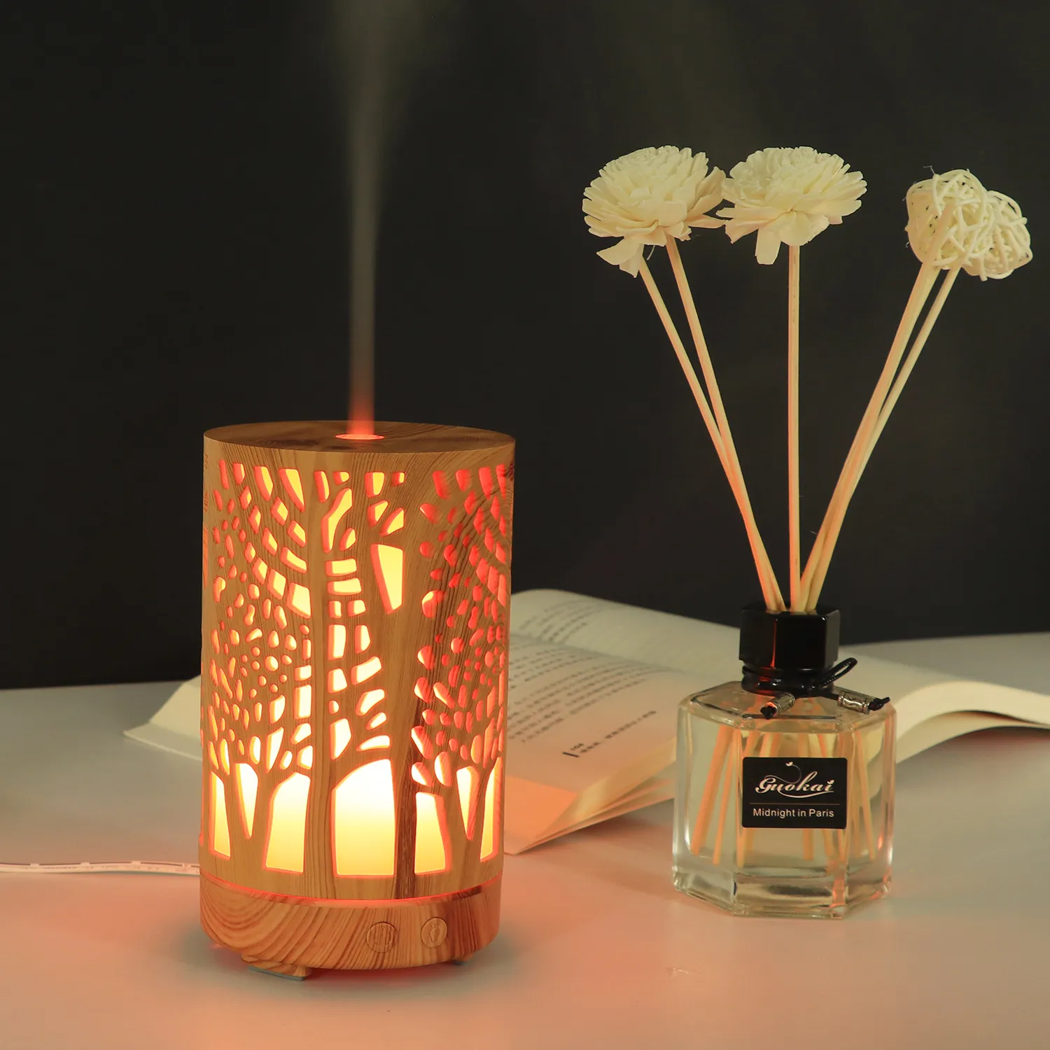 New Colorful Wood Grain Openwork Aroma Diffuser Household Ultrasound Humidifier 100ml Essential Oil Aromatherapy Machine