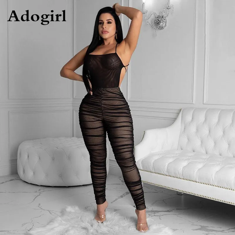 Seksowne kobiety Ruche Sheer Mesh Scossuit Spaghetti Paski plisujące czarny kolor z tyłu koronki w górę rompers mody mody s-xxl