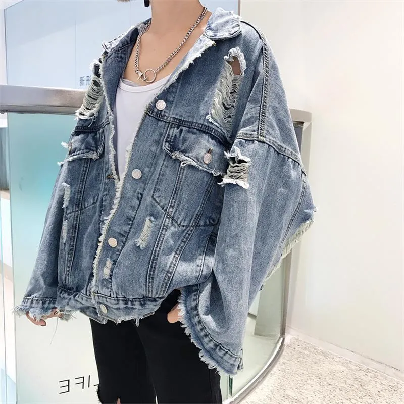 Frühling Herbst 2020 Harajuku Jeans Jacke Frauen Lose Vintage Zerrissene Ausgefranste Denim Jacken Damen Punk Streetwear Mäntel Unisex CY200515