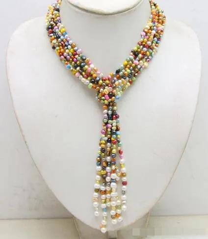 Hermosa perla cultivada en agua dulce natural multicolor barroca de 4-5mm anudada a mano 3 hebras 114cm collar joyería de moda