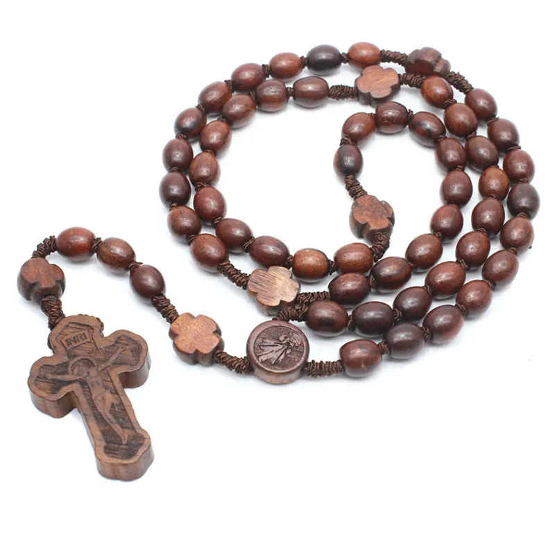 Ny mode handgjord högkvalitativ rund pärla katolska rosary kors religiösa bruna trä pärlor mens rosary halsband Gud välsigne dig