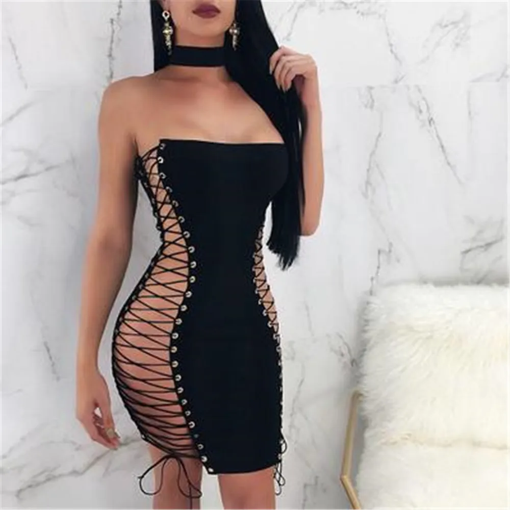 Women Black Strapless Sexy Bandage Dresses 2018 Summer Sleeveless