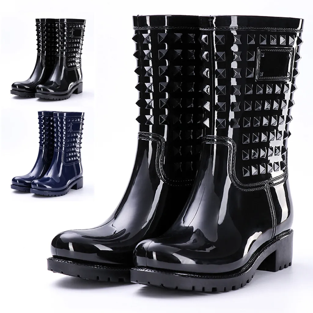 waterproof shoes Women's Rain Boots shiny high qulity PVC booties Mid-calf Bootie Rivet Waterproof Footwear Shoes Zapatos Mujer