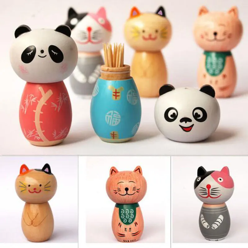 Cartoon Animal Wood Toothpick Holder Unik Dekorativ Case Box Storage Arrangör Panda Cat Pig Wholesale ZC0679