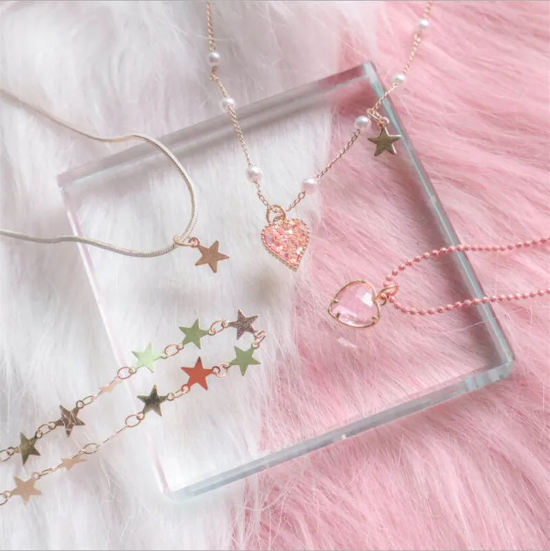 Pink Love Heart Star Pendant Choker Necklace Short Clavicle Chain For Woman Fashion Necklaces Party Jewelry Cheap Wholesale