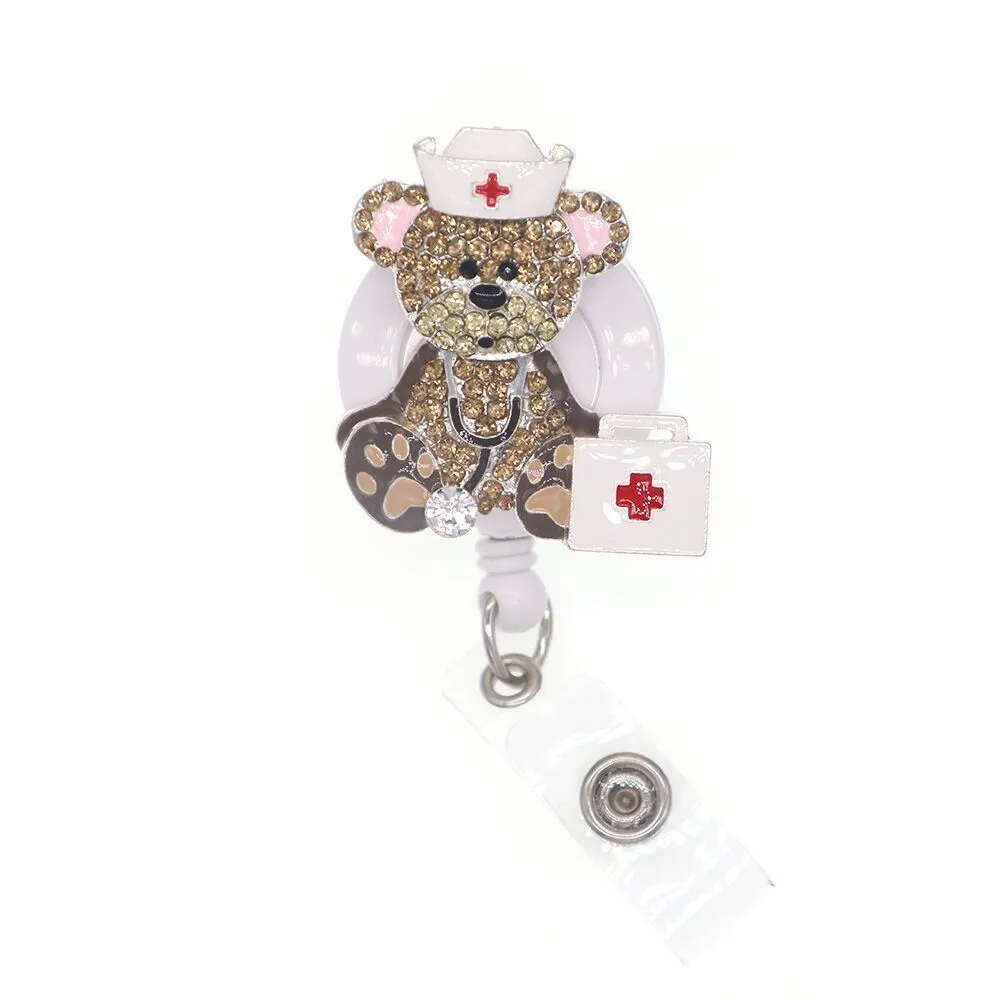 10pcs/lot Key Rings Sparkly Rhinestone ID Name Badge Reels Medical Nurse  Doctor Symbol Animal Bear Coffee Cup Shape Retractable Badge Reel Holder  With