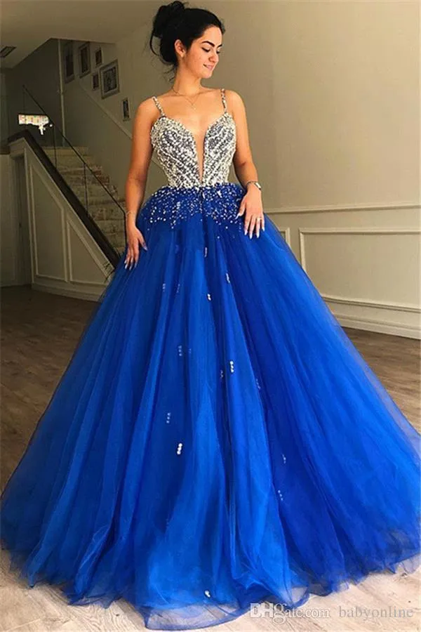 الأزرق الملكي الحلو 15 فساتين Quinceanera 2019 حجر الراين السباغيتي الأشرطة المناسبات الخاصة فساتين فساتين رسمية أثواب مساء اللباس