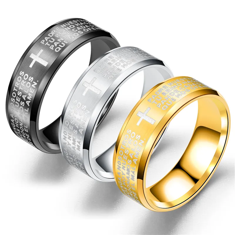 Titanium Stainless Steel Spain Lords Prayer Bible Mens Finger Ring Gold Silver Black Scripture Tungsten Rings For Men Wholesale Jewelry From Guozhuwu 0.58 DHgate.Com