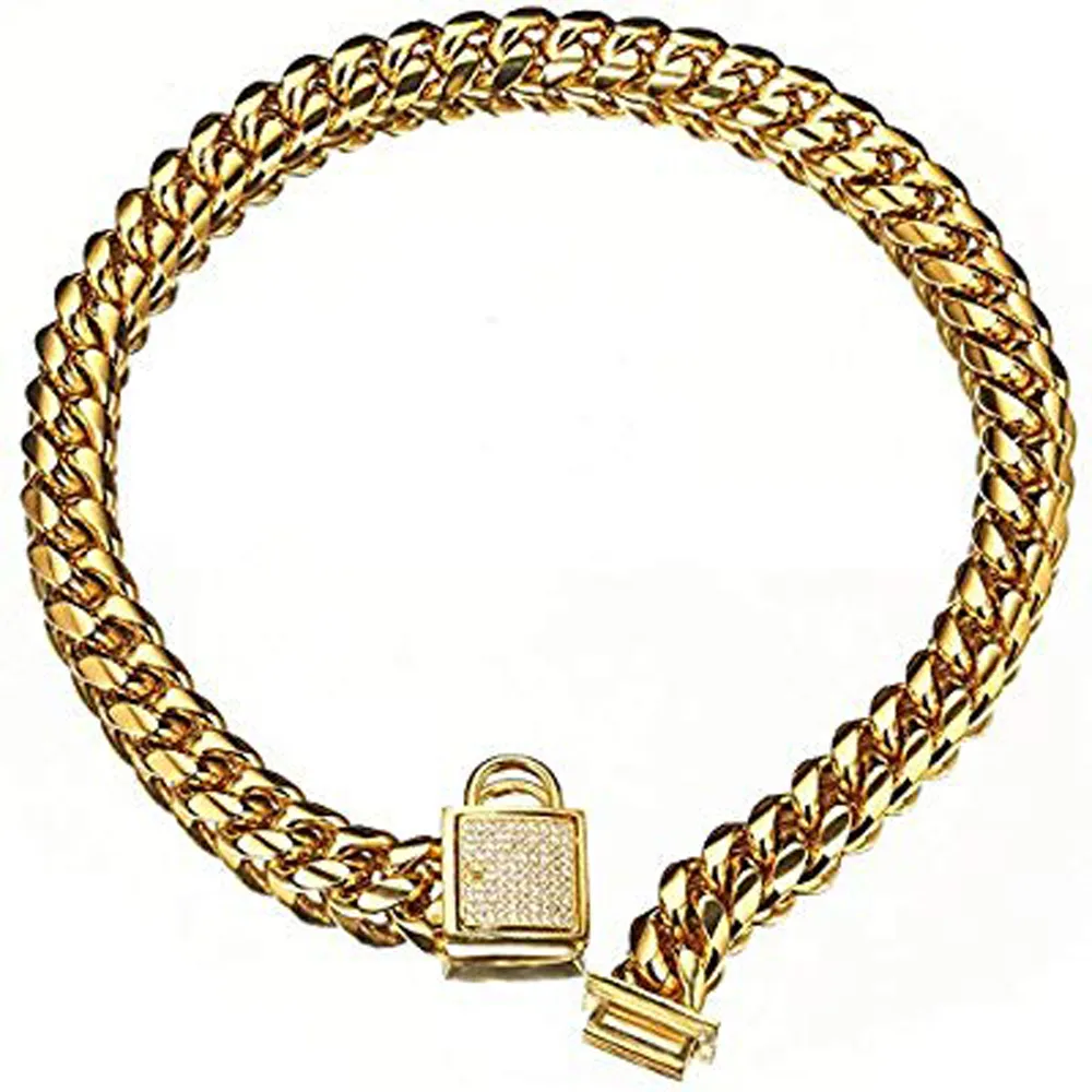 Top quality 14mm 10 ~ 24inch Gold Tone Curb Cuban Pet Link Acciaio inossidabile CZ Chiusura Collare a catena per cani Collane per animali domestici all'ingrosso