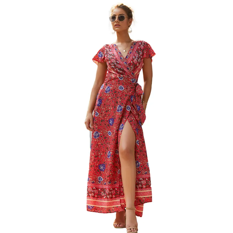 Sexy V-neck Split Floral Maxi Dress Boho Casual Long Chiffon Summer Beach Dress Women Beauty Vestidos