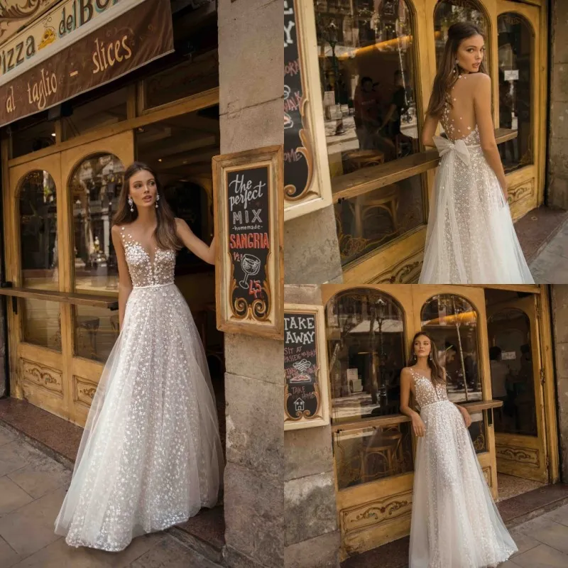 Bohemian V-Neck Beach Wedding Dress: A-Line Bridal Gown, Illusion