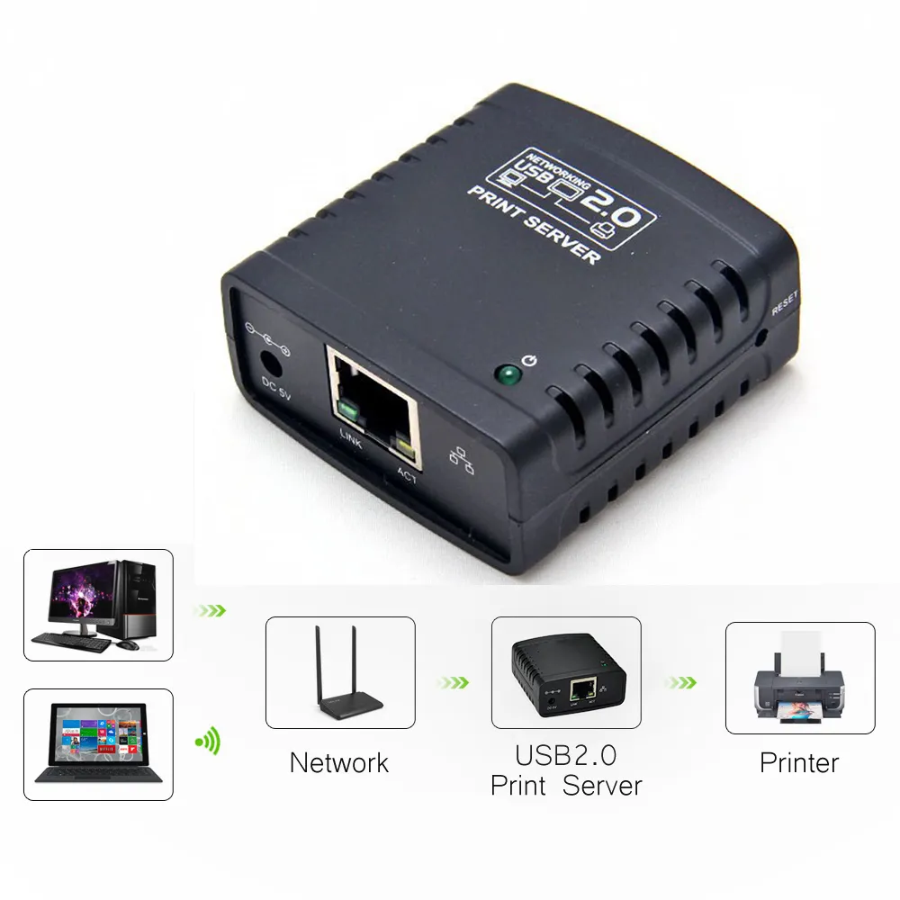 Freeshipping USB 2.0 LRP Skrivarserver Dela A LAN Ethernet Networking Printers Ström Adapter USB Hub 100Mbps Network Print Server