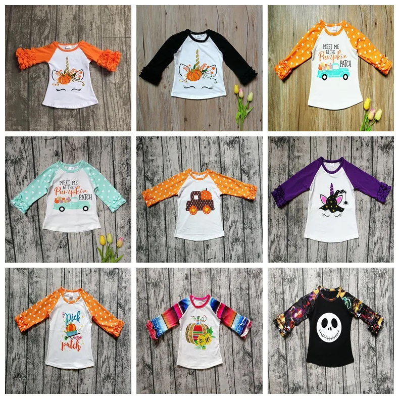 Halloween Kids T-shirts Polka Dot Ruffle Tops Childrens Print Pumpkin Cotton Tees Baby Clothing Long Sleeve Shirts GGA2641