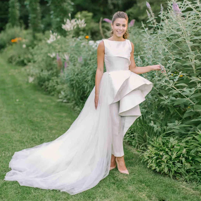 White Tulle Satin Wedding Jumpsuit With Ruffle Hi Lo Bateau