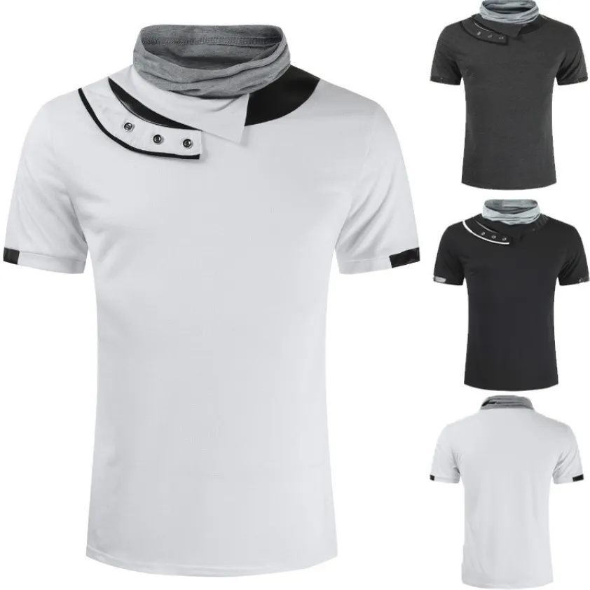 مصمم رجالي تي شيرت 2020 جديد الصلبة كومة القميص الياقة PU الربط أزياء رجالي 100٪ قطن T-Shirts أعلى الصيف كم قصير تي شيرت