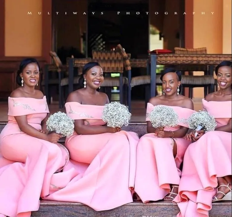 Nigerian African Pink Mermaid Bridesmaid Dresses 2019 Off The Shoulder Lace Applique Split Floor Length Maid of Honor Wedding Gues213F