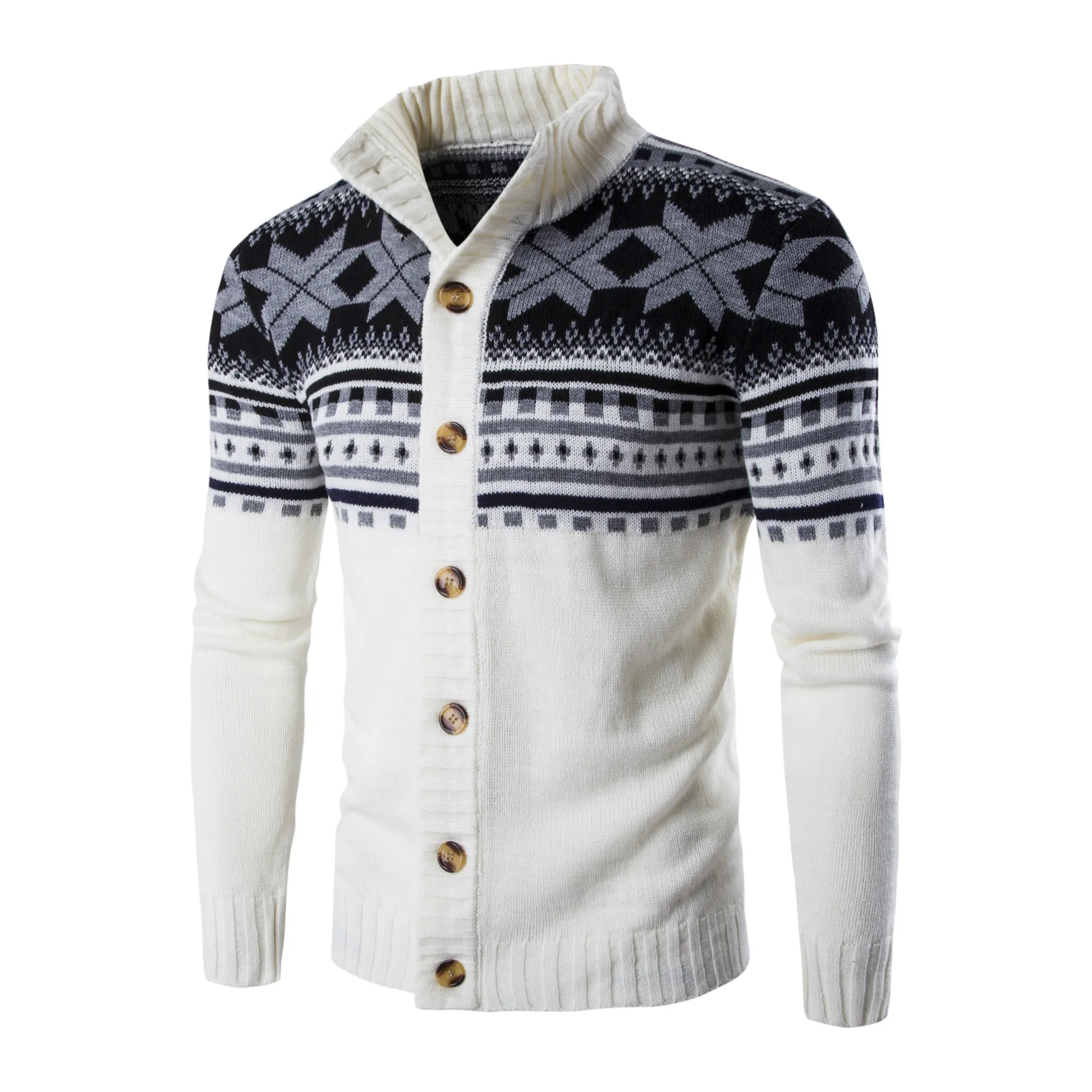 Męskie Swetry Jesień Sweter Płaszcz Boże Narodzenie Single-Breasted Stand Collar Długi Rękaw Downing Knit Cardigan Wzór Przycisk Męski Moda