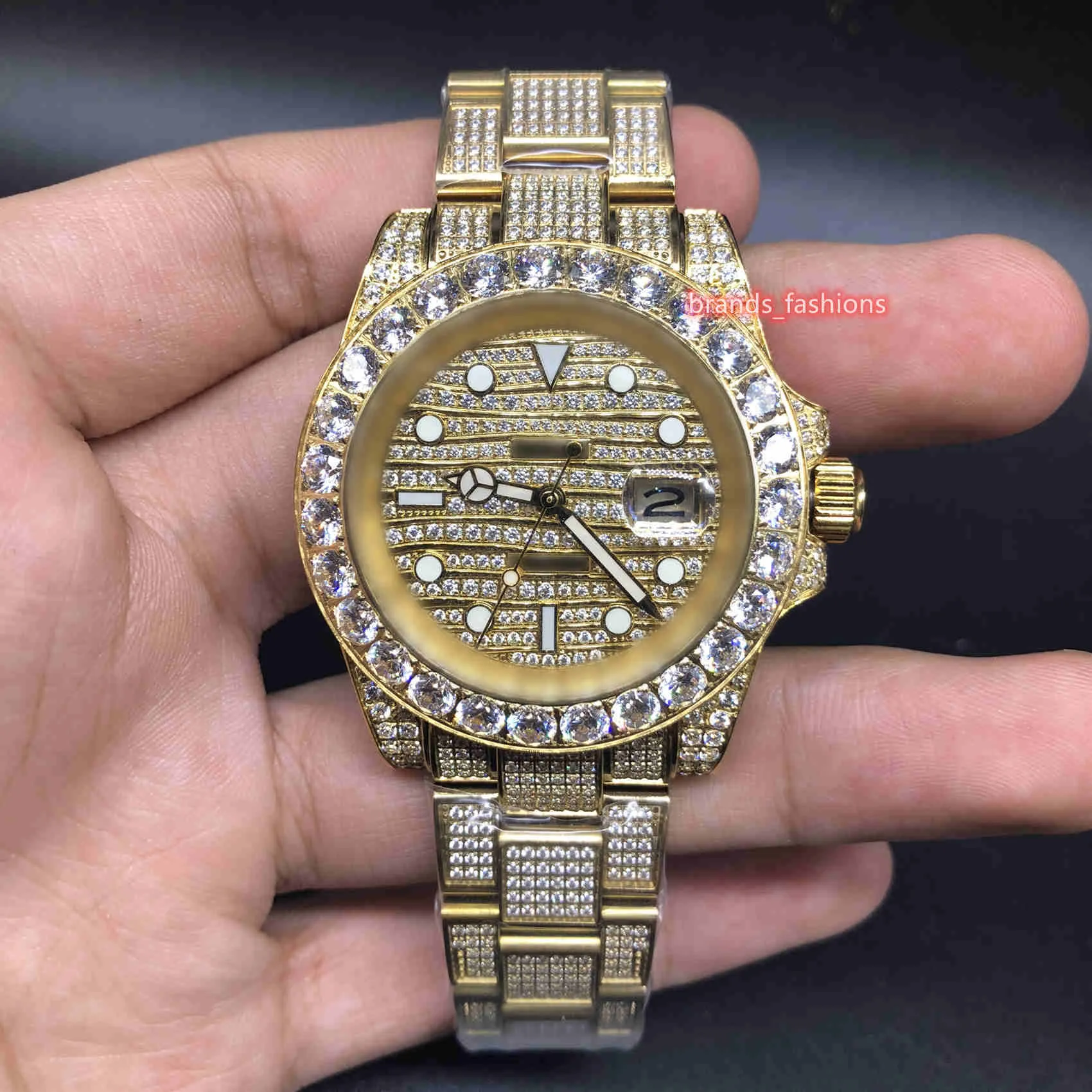 The Latest Men s Ice Diamond Watches Size 40mm Gold Stainless Steel Diamond Strap Gold Diamond Face Automatic Mechanical Wristwatch