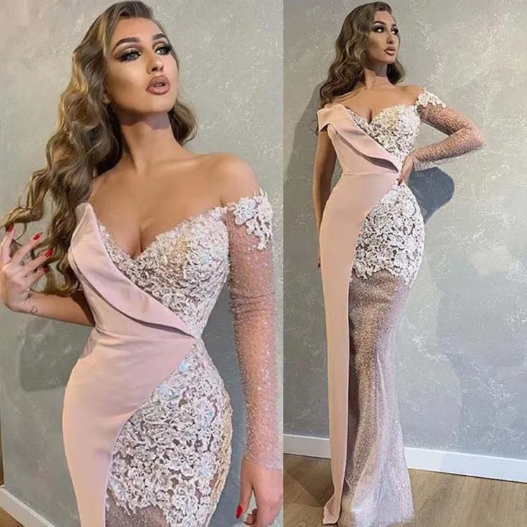 Dubai Abiti da ballo arabi con spalle scoperte Maniche lunghe Appliques Abito da sera a sirena in pizzo Abiti da festa monospalla Vestidos