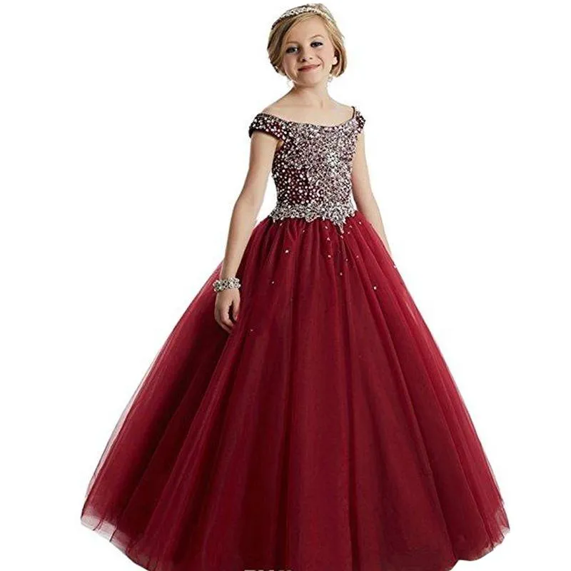 Crystal Girl Communion Dress Ball Gown Kids Formal Wear Blomster Flickor Klänningar För Bröllop Eleganta Pärlor Sequins Tjejer Pagant