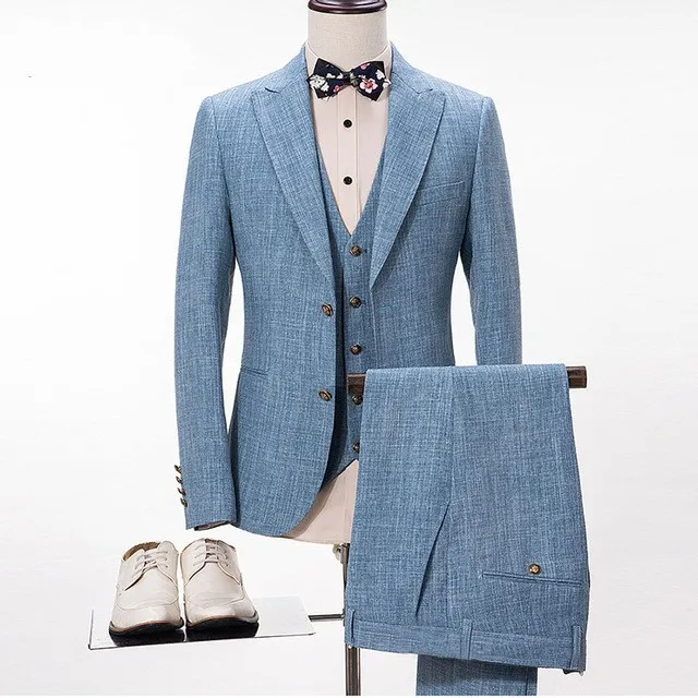 Abito da uomo in lino blu Abiti da sposa casual da spiaggia estivi per sposo Blazer da festa da ballo Slim Fit Terno Masculino 3 pezzi