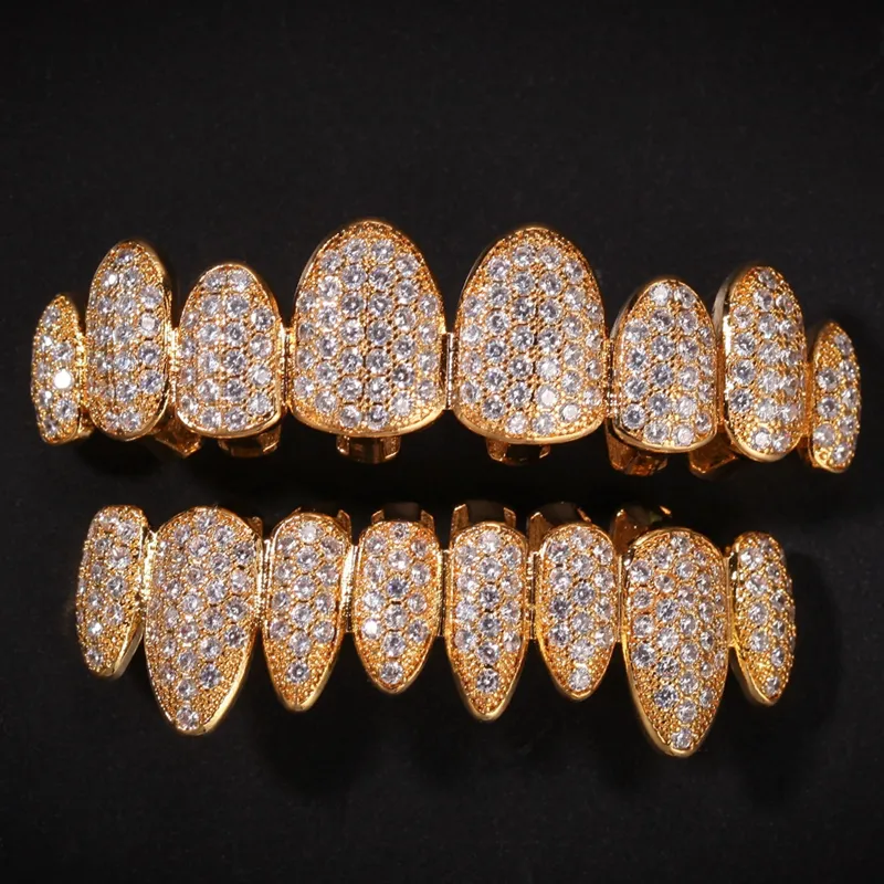 Iced Out 14K Gold Grills Kristallzähne oben unten Diamant Grillz Zähne Hip Hop Bling Kubikzircon Rapper Körperschmuck2348