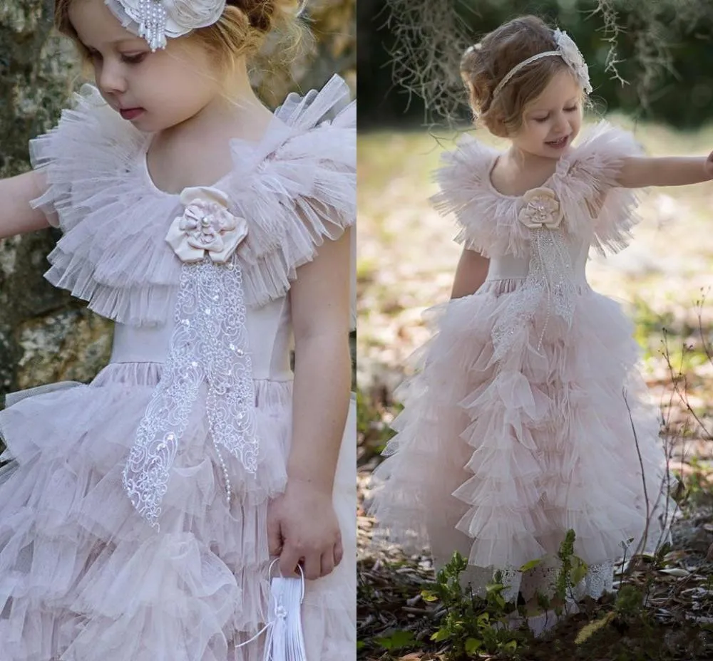 2019 Princess Lace Flower Girl Dresses Pink Lovely Girl Pageant Dress Tiered Ruffle Tulle Sweet Little Kids Birthday Party Dress