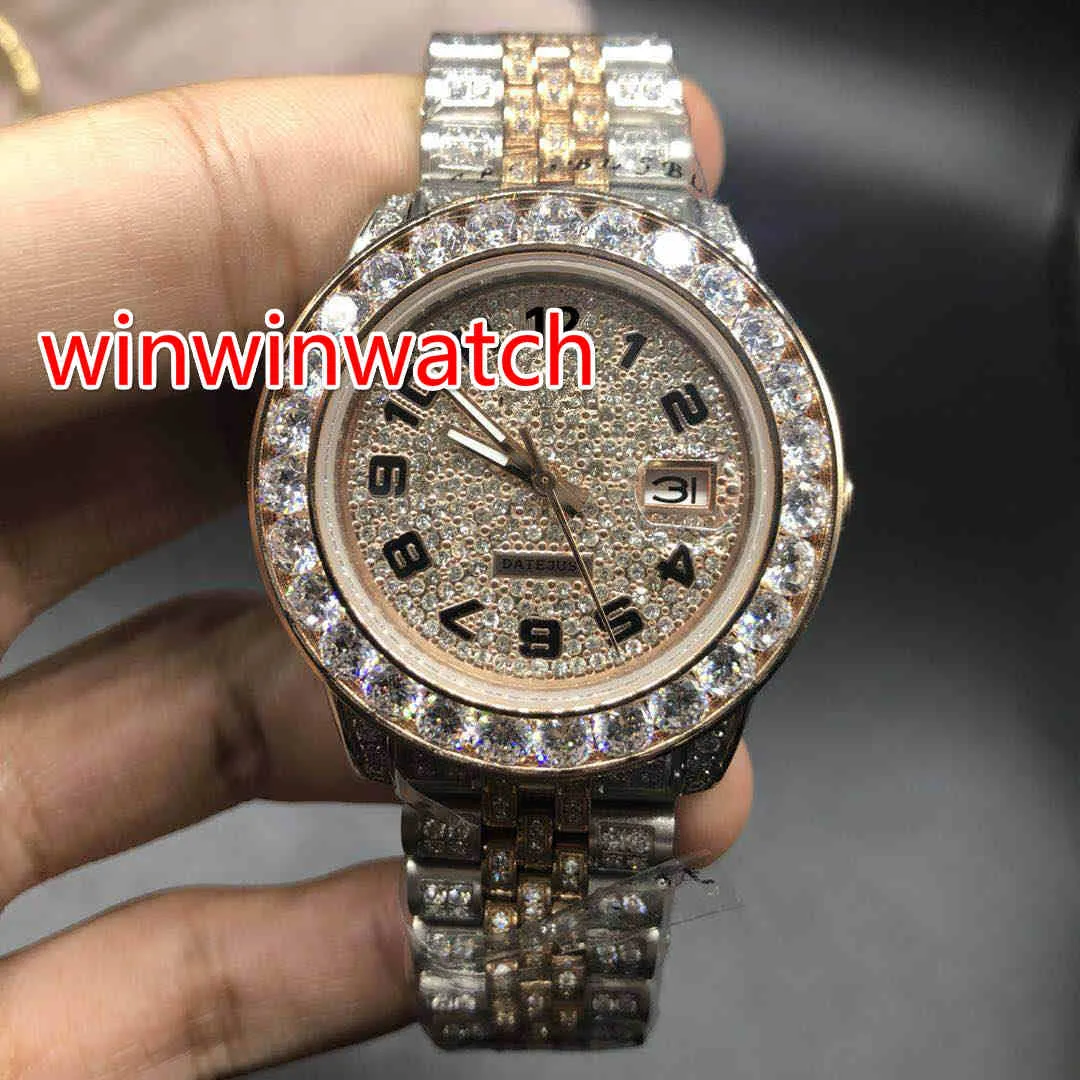 Reloj de dos tonos con diamantes automáticos para hombre, relojes de oro rosa, esfera de diamantes de 40 mm, funciona con manecillas suaves, reloj de pulsera, reloj de nuevo estilo