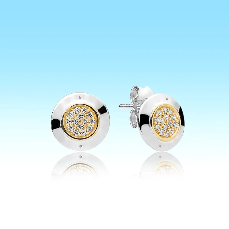 18 k Yellow Gold Pltad Stud Kolczyk z oryginalnym pudełkiem dla Pandora 925 Sterling Silver CZ Diamentowe Pave Kolczyki Kobiety Mężczyźni Prezent Biżuteria Zestaw