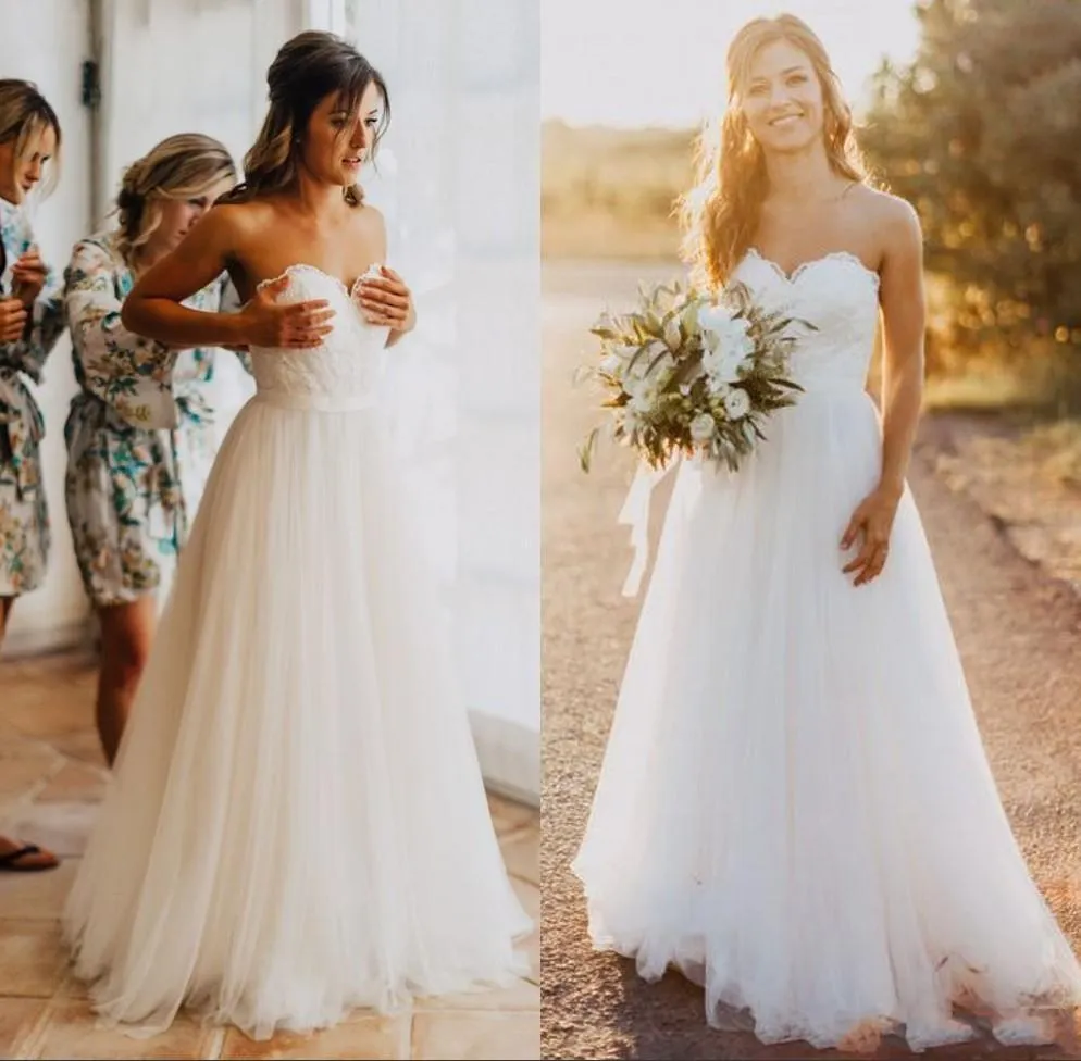 2019 новая возлюбленная кружева линия простые дешевые свадебные платья страны Свадебное платье элегантный тюль пляж свадебные платья