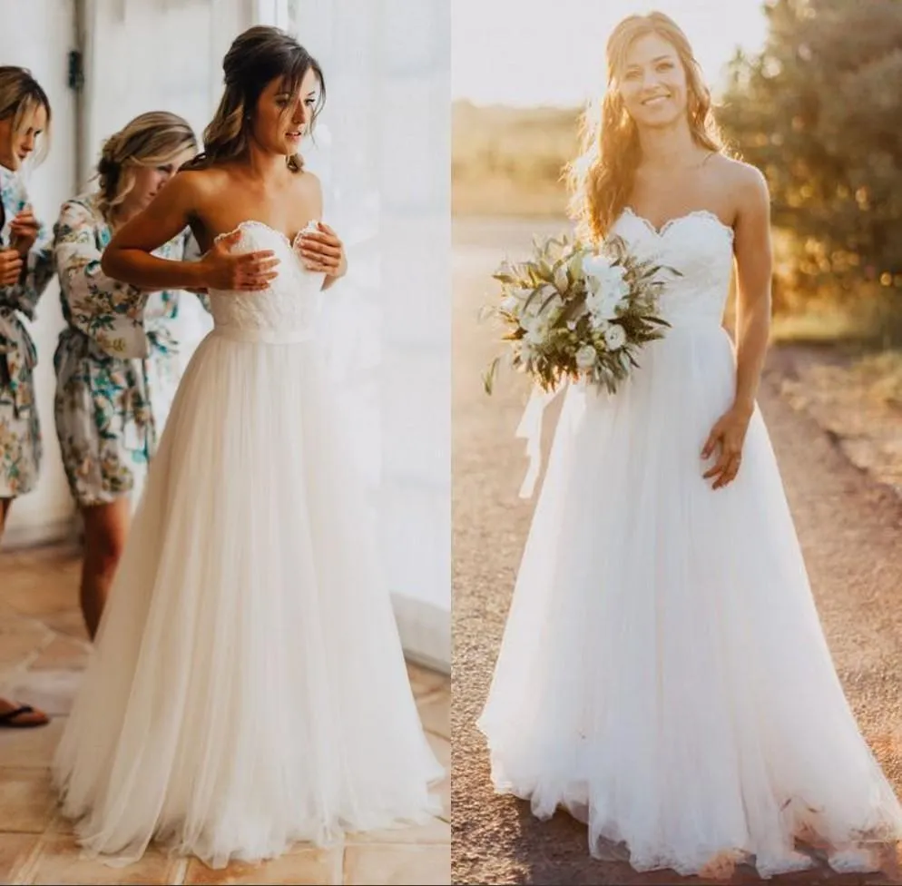 2019 New Sweetheart Lace Una linea Abiti da sposa economici semplici Abito da sposa country Abiti da sposa eleganti in tulle da spiaggia