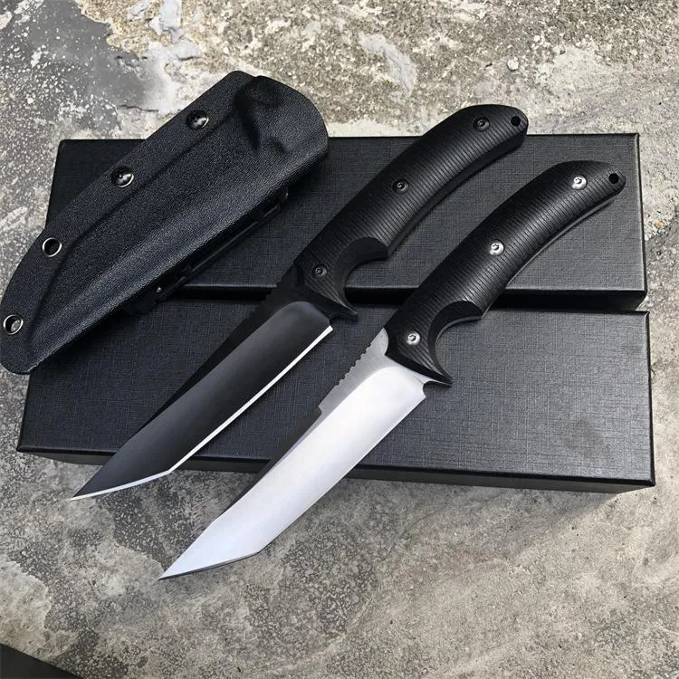 Utomhusöverlevnad Rak kniv D2 Svart / satin Tanto Blade Full Tang G10 Handle Fixed Blades Knives With Kydex